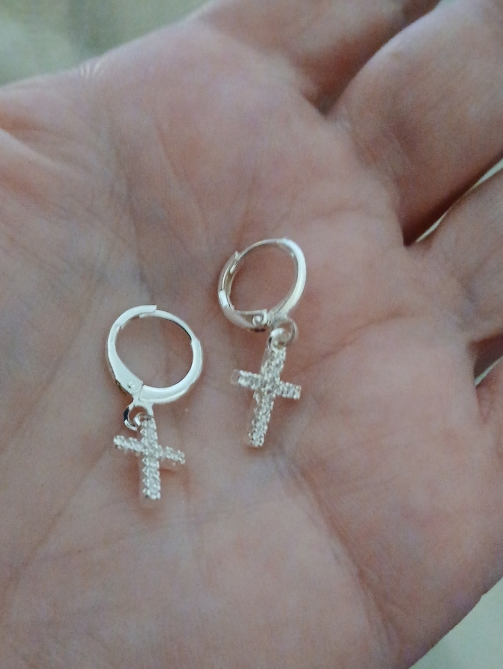 Silver Cross Hoop Earrings - Sparkling Dangle Crosses
